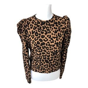 AGF Long Sleeve Sexy‎ Round Neck Leopard Print Pleat Puff Sleeve Long Fall Top S